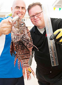 Ambassadors Divers’ Jason Washington, left, and Mark Orr from the Department of Environment, measure a large lionfish caught in a recent lionfish culling tournament in Cayman.