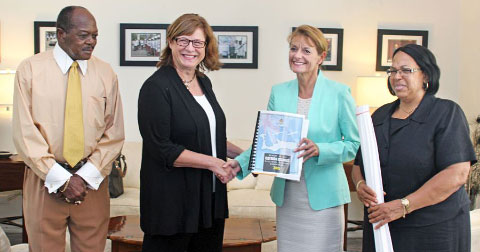 Governor Helen Kilpatrick, second from right, receives the report of the 2015 Electoral Boundary Commission from members Steve McField, chairperson Lisa Handley and Adriannie Webb. - Photo: Jewel Levy