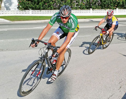 Patrick Loughnane rides ahead of Risa Golberg in a cycle race. - PHOTO: SUBMITTED