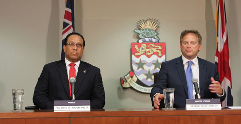 Premier Alden McLaughlin and Acting U.K. Overseas Territories Minister Grant Shapps speak to the press Thursday. - Photo: Brent Fuller