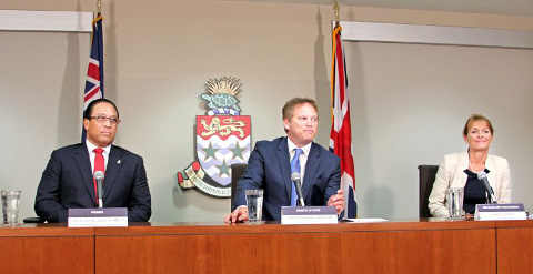 Premier Alden McLaughlin, Acting Overseas Territories Minister Grant Shapps and Governor Helen Kilpatrick field media questions Thursday at the Government Administration Building.