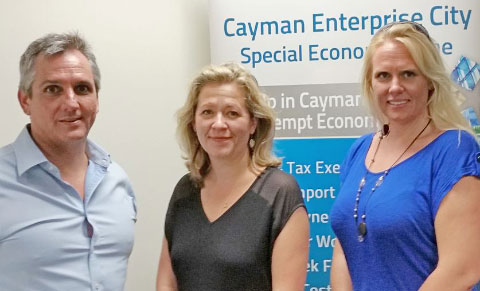 Charlie Kirkconnell, CEO of Cayman Enterprise City, Denise Clegg, director of advancement for CCMI, and Brittainy Slade, outreach and development coordinator for CCMI.