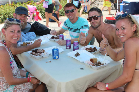 Cruise ship passengers, from left, Juliane Domigan, Ryan Domigan, Bryan Darling, Matt Johnson and Katie Cunningham give local street foods the thumbs up.