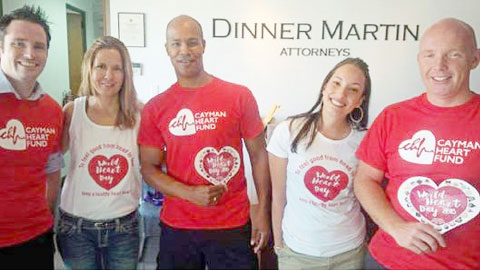 Cayman Heart Fund volunteers Michael Wingrave, Katalin Radvanyi and Jamie Nelson, with project coordinator Caroline Rodrigues and Cayman Heart Fund chairman David Dinner