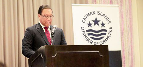 Premier Alden McLaughlin addresses the Cayman Islands Chamber of Commerce last week. – PHOTO: BRENT FULLER