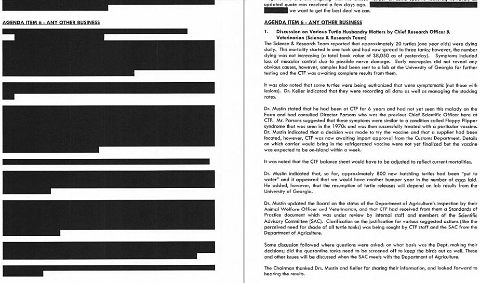 More than four-and-a-half pages out of seven were redacted in the first FOI version of the Turtle Farm board meeting minutes.