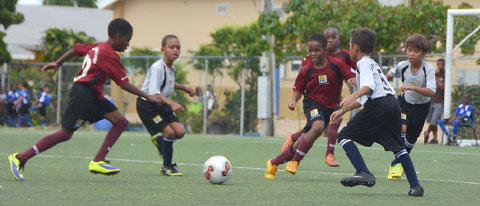 Cayman Brac (gray), playing against Red Bay Primary in the Opening Rally.