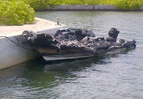 The remains of the burned-out boat.