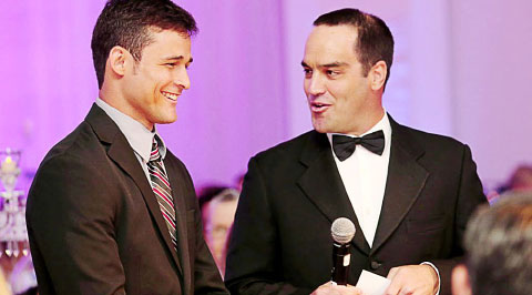 Master of Ceremonies Chris Duggan, a YCLA finalist in 2009, asks finalist Robbie Cribb Jr. a question during the event.