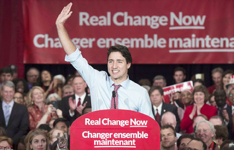 Canadian Prime Minister-designate Justin Trudeau greets supporters at a rally in Ottawa on Tuesday.