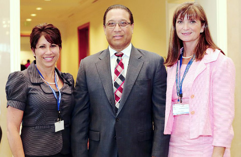From left, Lizzette Yearwood, CEO of the Cayman Islands Health Services Authority, Premier Alden McLaughlin who is also Cayman’s minister of health, and Jennifer Ahearn