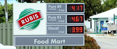 The displayed full service prices at the Shedden Road Rubis station on Tuesday.