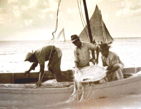 Fishermen haul in a turtle on a catboat: - Photo: Cayman National Archive