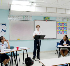 St. Ignatius student Finley McDougall argues his position during the debate.