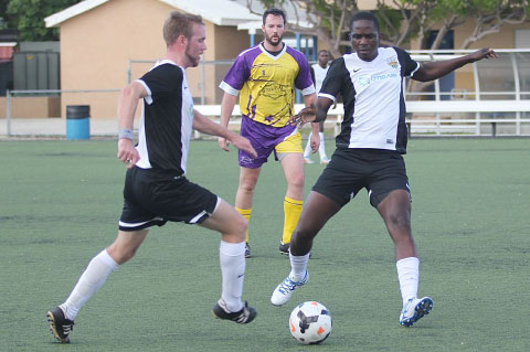 Rob Moorhead and Jermaine Sutherland are about to mount an attack for OtisAir Wanderers.
