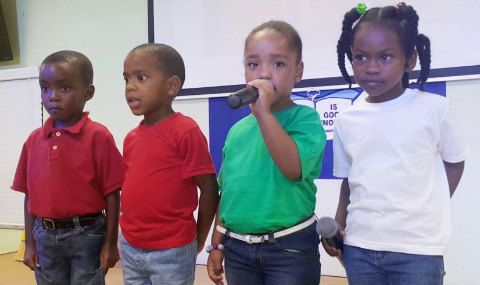 The Reception class does their piece. From left, Jakeem Dunbar, Patrick Waite, Kiara Smith and Janelle McLaughlin.