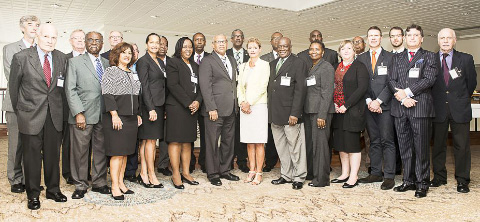 Senior judges and members of the legal fraternity, along with Cayman Islands Governor Helen Kilpatrick, at the opening of the Commonwealth Secretariat Conference at the Marriott hotel on Monday.
