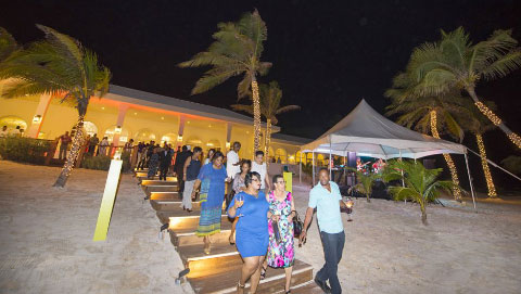 Guests make their way down to the waterfront deck.