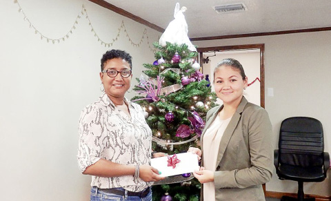 Paulinda Mendoza-Williams, deputy director of clinical services at the Department of Children and Family Services, left, accepts a donation from Alice Ramos, president of Rotaract Blue Cayman Islands.