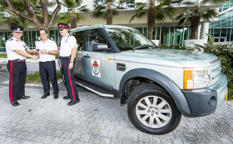 From left, Police Commissioner David Baines, Chris Duggan of Dart and Sergeant Craig Coe of the Special Constabulary at the handover of the Land Rovers donated by Dart last week. - PHOTO: TANEOS RAMSA