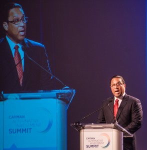 Premier Alden McLaughlin delivers remarks at the Cayman Alternative Investment Summit on Thursday morning.