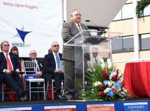 Minister of Agriculture D. Kurt Tibbetts, who was also a recipient of an ‘Emerging Pioneer’ award in the ceremony, lauds the work of the agricultural community in the Cayman Islands at Monday’s Heroes Day celebrations in Heroes Square in George Town.
