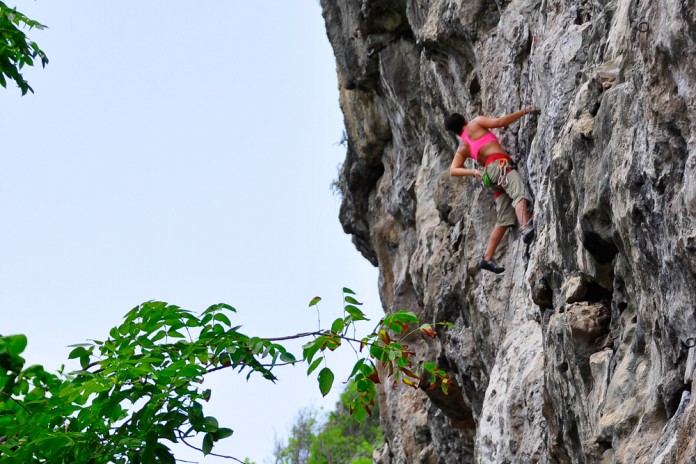 Angel Robledo climbs the bluff in Cayman Brac.