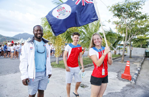 Florence Allan with coach Ralph Harvey and Pablo Bertran at the opening ceremony of the 2015 Youth Sailing World Championships inLangkawi, Malaysia.