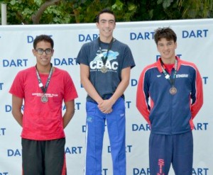 On the podium for the 15-17 Men’s 1500 SC Meter Freestyle, Eddie Weber took gold, John Bodden silver and Jonathan Key bronze.