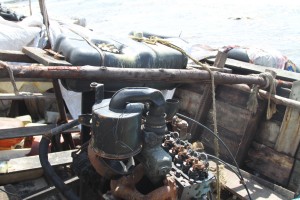 The Mercedes engine and gas tank still sit in the boat at Beach Bay. 