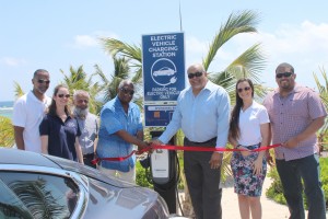 Representatives open the electric charging station at Lorna’s Rubis station in Bodden Town. - PHOTOs: JEWEL LEVY