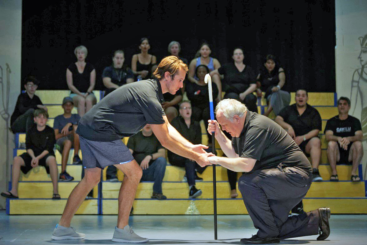 In rehearsals: Joseph (Jardel McIntosh) greets his father Jacob (Richard De Lacey) when he returns to Egypt.