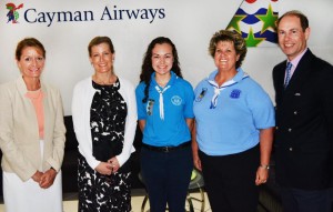 Governor, Helen Kilpatrick; HRH Countess of Wessex who is the President of Girlguiding Cayman Islands and known by the guides by her honorific title Rosebud, Ranger Guide Carrie McCoy, Island Commissioner Allison Taylor and HRH Earl of Wessex during the royal couple’s trip to Cayman earlier this month.
