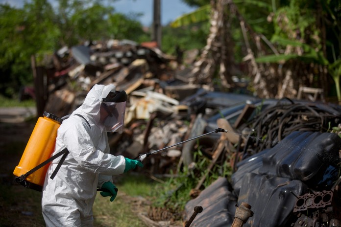 A municipal health worker sprays insecticide in a junkyard in Joao Pessoa, Brazil, to combat the Aedes aegypti mosquito that transmits the Zika virus. - Photo: AP