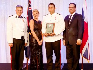 Police Constable Fernando Soto received the Police Officer of the Year award from Police Commissioner David Baines, Governor Helen Kilpatrick and Premier Alden McLaughlin at the Royal Cayman Islands Police Service’s annual Outstanding Service Awards. – Photos: Stephen Clarke