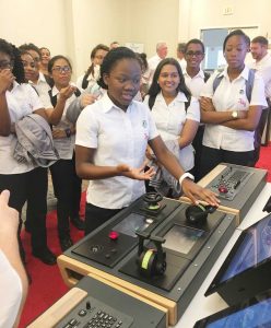 Khadejah Watt from John Gray High School tests the Transas high-tech simulator.