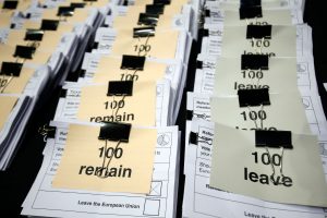 Bundles of ballot papers are placed at the counting center in Manchester, England after Thursday's EU referendum. - Photo: AP