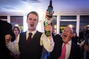 Supporters of leaving the EU celebrate at a party hosted by Leave.EU in central London as they watch results come in from around the country after Thursday's EU referendum. - Photo: AP