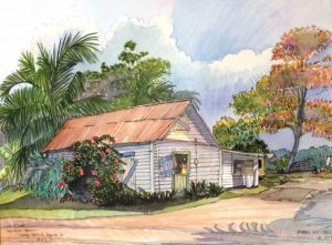 ‘Caymanian House’ watercolor, by Debbie van der Bol.