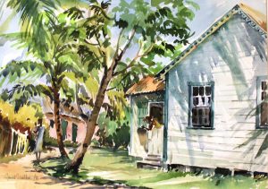 Visitors will be able to take a trip down memory lane with paintings of traditional Caymanian cottages, many now no longer standing. Artwork by Janet Walker.