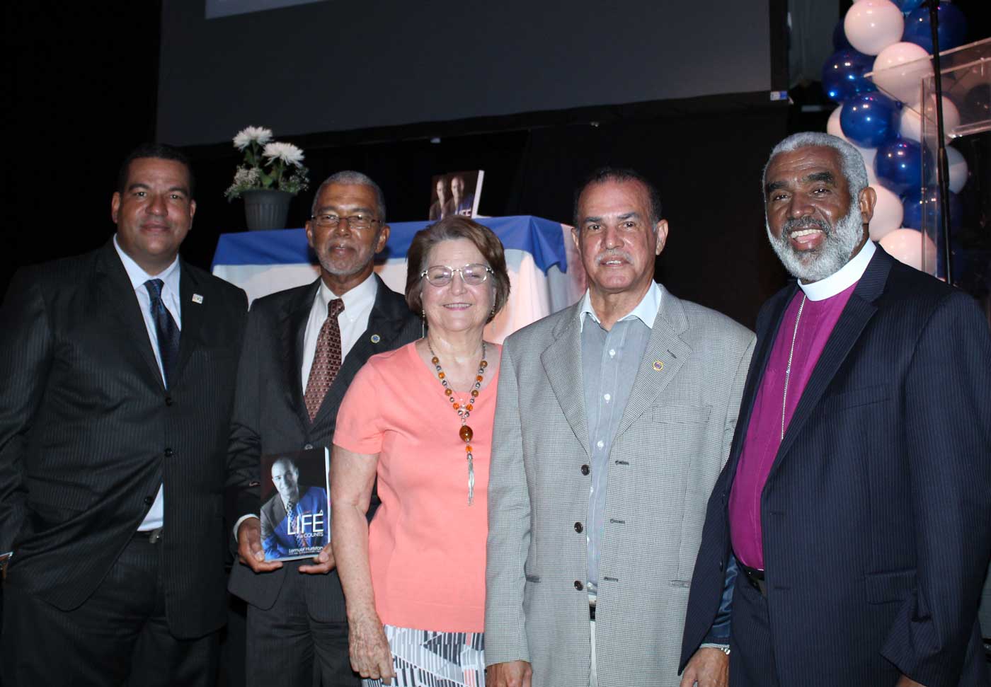 Book launch participants included, from left, Austin Harris, Roy Bodden, Jenny Manderson, author Lem Hurlston and Bishop Robert Thompson.