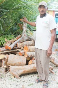 Mr. Levy stands by a pile of grape tree chunks that will be sold for firewood.