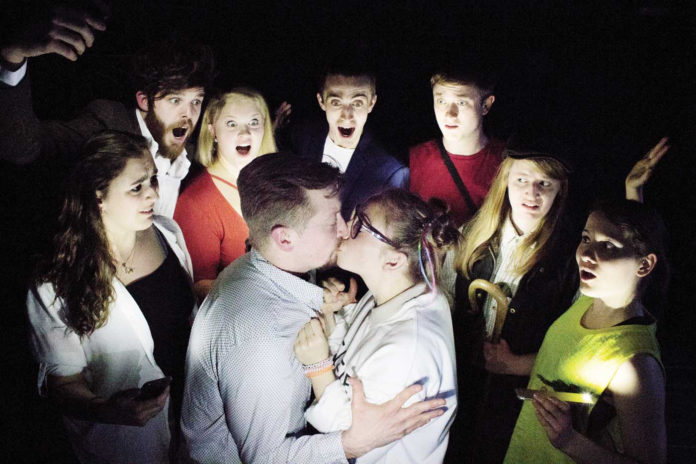The play is set around the push button world of social media.