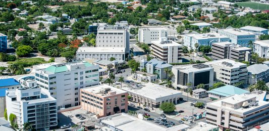 An aerial view of the business area of downtown George Town, Grand Cayman