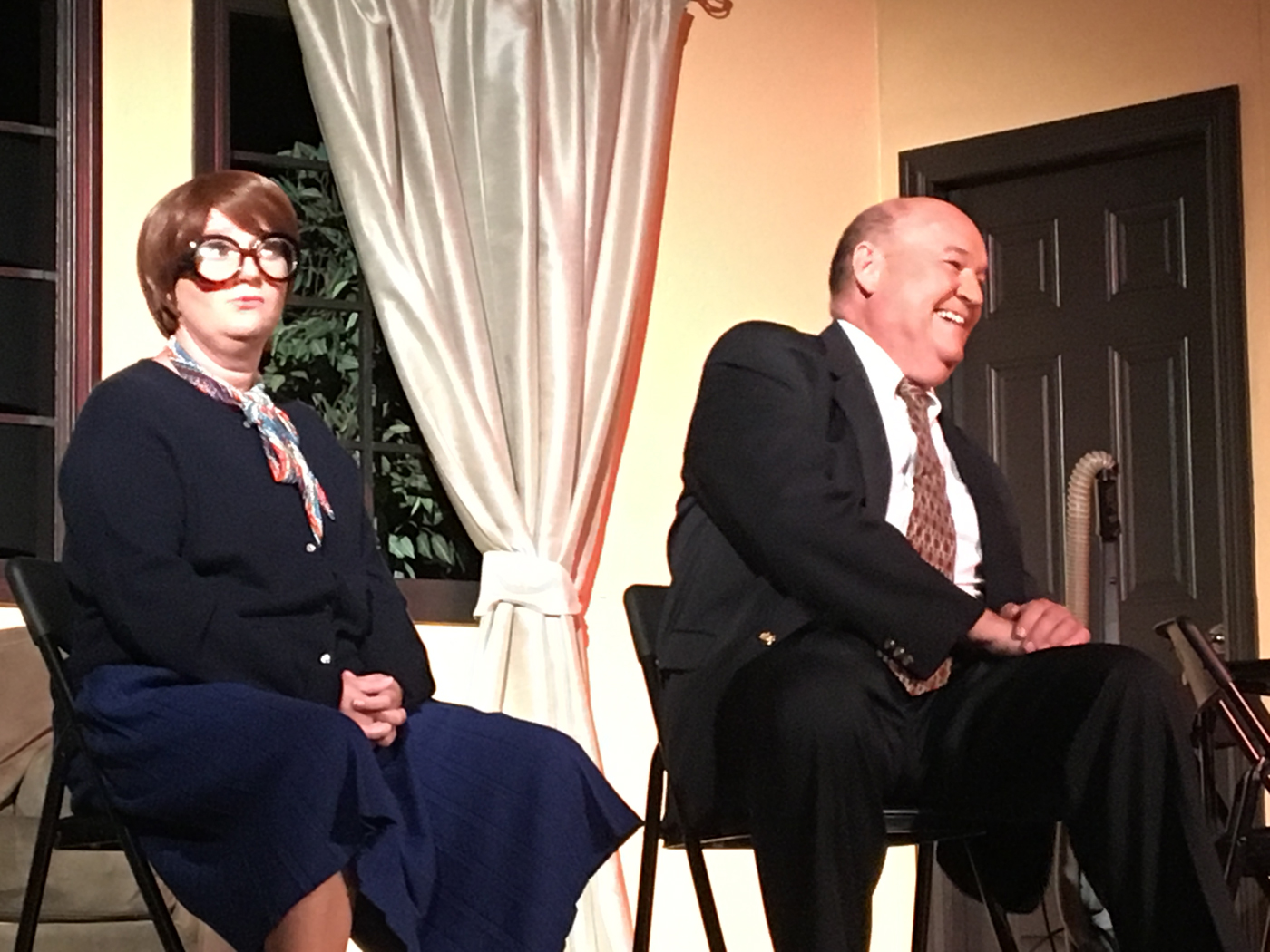 Juliet Fenn as Dorothy Pritchard, allows Jim Hacker (Adam Roberts) to just keep talking himself into deeper trouble. - Photos: Vicki Wheaton