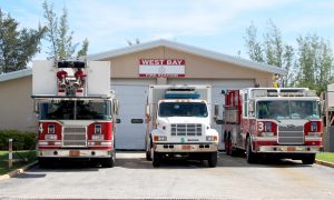 Fire vehicles outside the West Bay Fire Station on Wednesday.