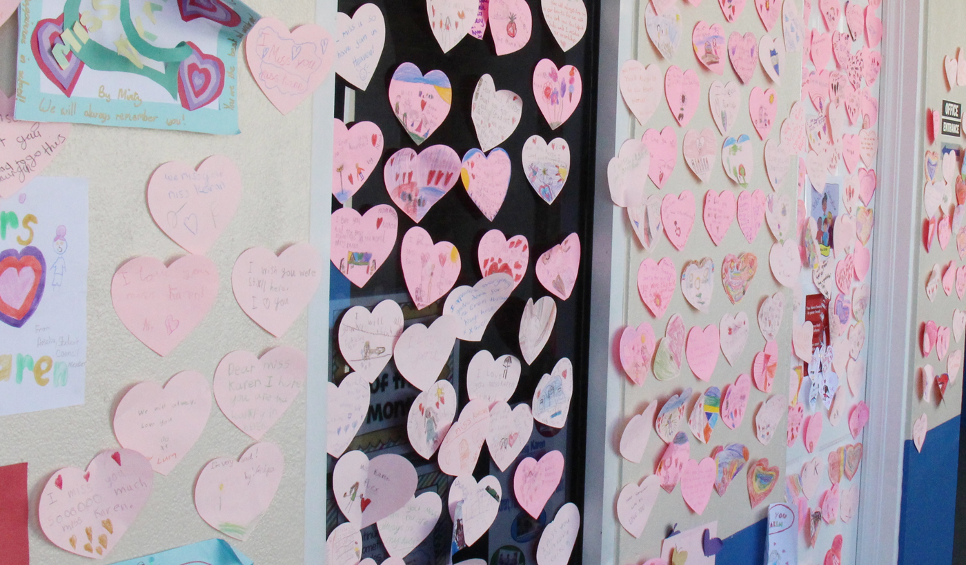 Students at Cayman Prep primary school have covered Karen Doran's office in heart-shaped cards. - PHOTO: JAMES WHITTAKER