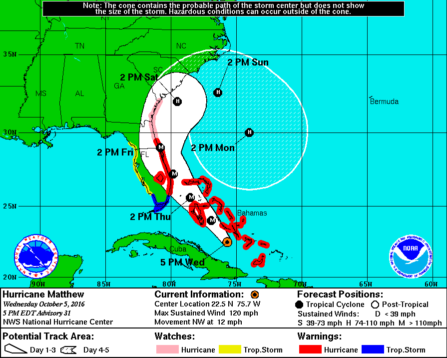 The NOAA's coastal watches, warnings and five-day forecast cone, as of 5 p.m. Wednesday.