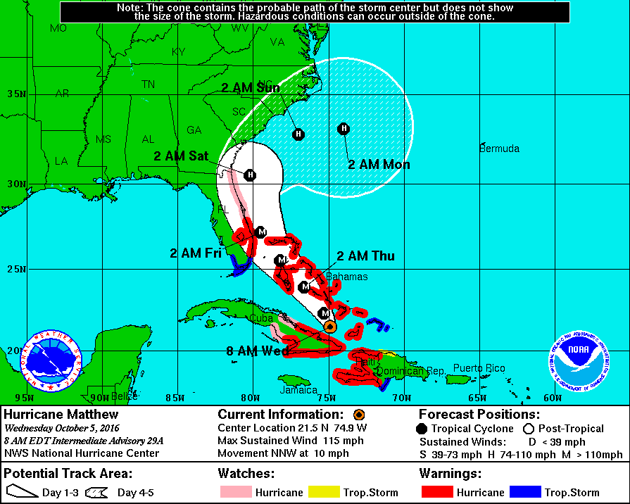 The NOAA's coastal watches, warnings and five-day forecast cone, as of 4 p.m. Tuesday.
