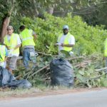 Christmas workers clean roadside